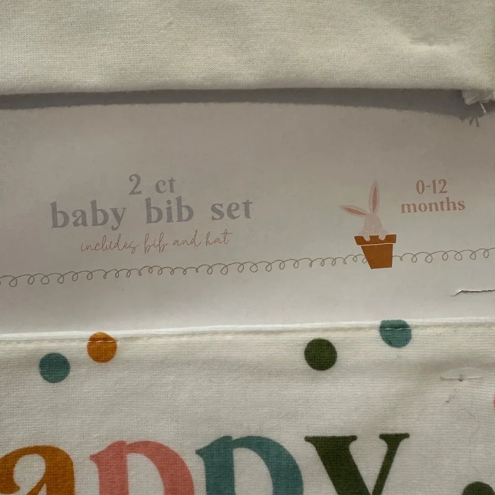 Happy Easter Baby Bib and‎ Bunny Ear Hat Set White 0-12 Months 2 Piece Holiday